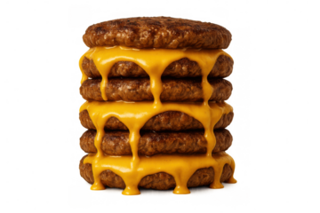 Multiple juicy beef patties stacked high with copious amounts of golden melted cheese dripping down, representing indulgence and fast food