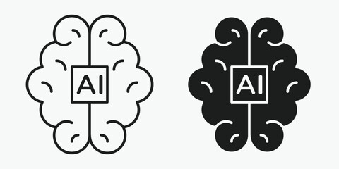 AI brain chip icon in outline, solid, and color style on a light gray background, available in EPS vector format, ideal for artificial intelligence, processor, and digital technology design projects.