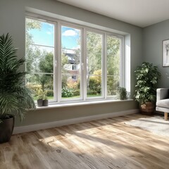 Obraz premium Window with three panes of glass and a potted plant in front of it. The room is bright and airy, with a couch