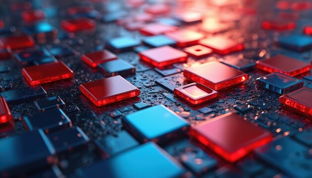 Abstract mosaic of glowing red, blue glass squares arranged in grid pattern on dark textured surface. Digital render with futuristic feel, suitable for tech concepts, data visualization, modern