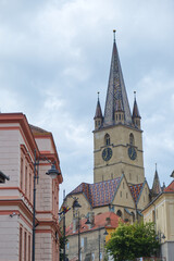 Fototapeta premium Street view of the Sibiu Lutheran Cathedral of Saint Mary
