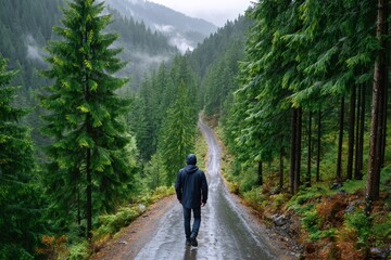 Obraz premium Man walking forest road during rain showing solitude