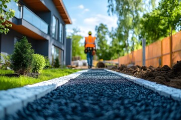 Low view of black gravel walkway with white edging through landscaped yard as worker moves ahead