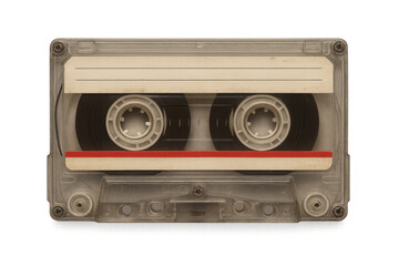 Obraz premium Cassette tape with clear plastic case, blank label, retro audio format, vintage 80s 90s music technology on transparent background