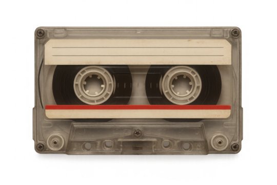 Cassette tape with clear plastic case, blank label, retro audio format, vintage 80s 90s music technology on transparent background