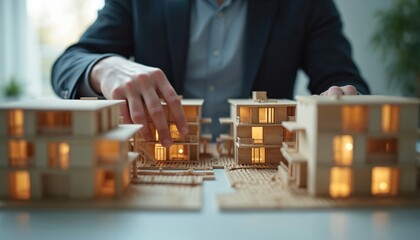 Man in suit examines scale model of new housing development with modern buildings. Person touches wooden houses with illuminated windows. Architect or developer plans urban project.