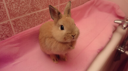 Obraz premium A small tan rabbit sitting on a pink blanket inside a bathtub, looking up adorably.