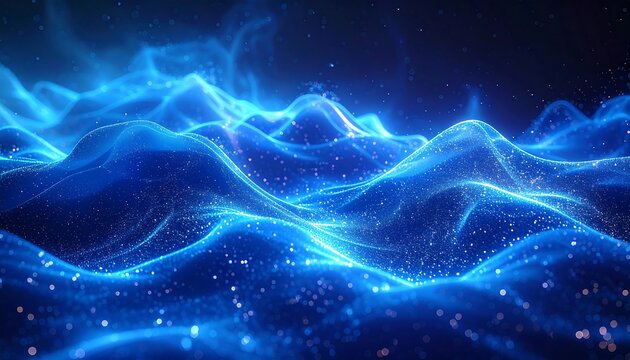 Abstract depiction of glowing, undulating waves with a dark blue backdrop. The scene suggests a vast, cosmic expanse dotted with sparkling particles