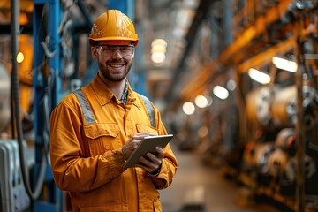 worker smiles while wearing safety helmet and orange uniform, using tablet in well lit industrial warehouse. Machinery in background shows busy working environment
