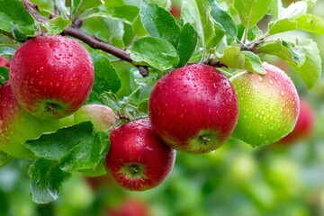 Obraz premium Ripe fresh red and green apples growing on tree