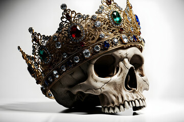 Human skull wearing golden crown with gemstone on black background. Template banner of death, royalty, power, and the transient nature of life. Gothic dark and halloween and Día de Muertos art style.