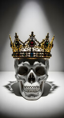 Human skull wearing golden crown with gemstone on black background. Vertical banner of death, royalty, power, and the transient nature of life. Gothic dark and halloween and Día de Muertos art style.