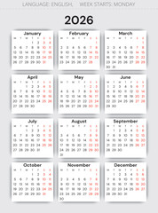 2026 modern design english calendar. Vector year illustration. Week starts monday