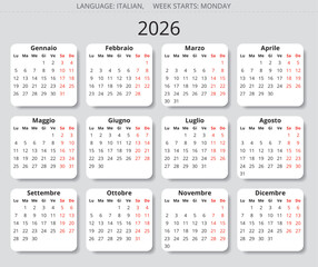 Modern 2026 Italian calendar. Vector illustration Italy for 12 months