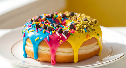 Donuts with colorful sprinkles and chocolate chips