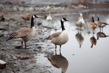 Fototapeta premium Canada geese standing by a muddy pond with reflections on a calm day