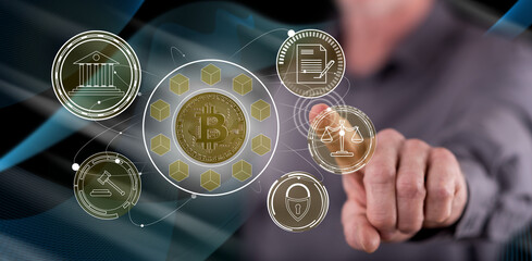Obraz premium Man touching a bitcoin regulation concept