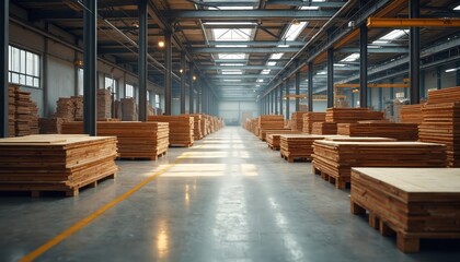 Wood factory interior with stacks of lumber and industrial CNC machines. Automated production line processes raw timber into finished wood products for construction and furniture.