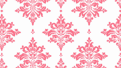 Damask Seamless Pattern with floral pink and white color, vector illustration elegant for textile design, wall paper, bedding, curtain, upholstery fabric, cushion
