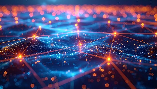 Abstract depiction of interconnected nodes and lines, with vibrant orange and blue bokeh across the view, creating a network feel