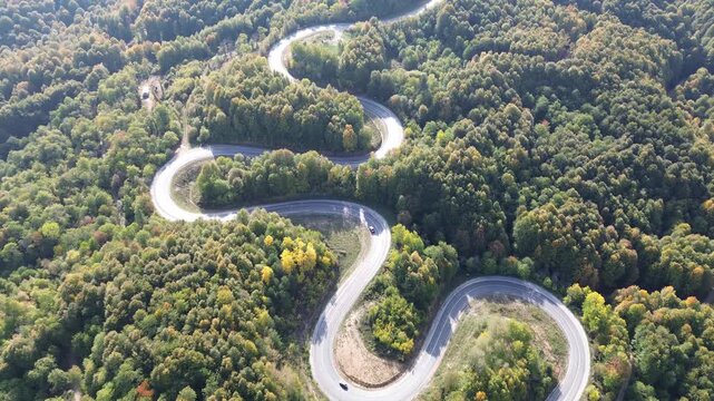 The colors of the tree leaves in the mountains in autumn and the winding, dangerous road. 