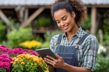 Florist woman using tablet in garden center