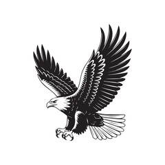 Obraz premium A bold black silhouette vector illustration of a flying eagle with wings spread, a powerful symbol of nature and freedom