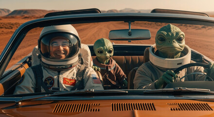 Interstellar adventure an astronaut and two reptilian aliens on a convertible road trip in the desert symbolizing friendship and journey