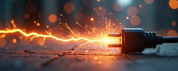 Illustration of electric plug in operation with intense sparks and an electrical arc. Energetic illustration shows dangerous situation with power and voltage. Modern digital art for safety themes.