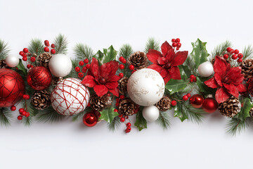 Christmas garland border on white background: red poinsettias, holly leaves, berries, pine cones and fir branches with glossy baubles, festive frame with copy space, isolated, top view banner