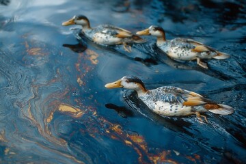 Fototapeta premium Three ducks swimming in dark water contaminated by an oil spill, illustrating environmental disaster