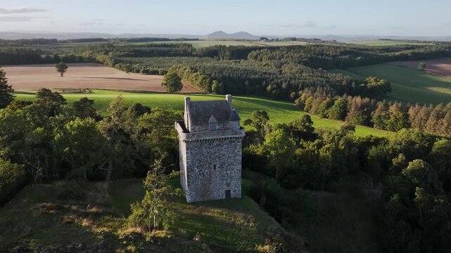 Fatlips Castle from a drone, Minto Crags, River Teviot, Roxburghshire, Scottish Borders, Scotland, UK