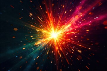 Obraz premium Abstract starburst explosion of vibrant colors and light trails, symbolizing energy and dynamism An abstract, dynamic starburst explosion of vibrant, swirling colors and ethereal light trails, with a
