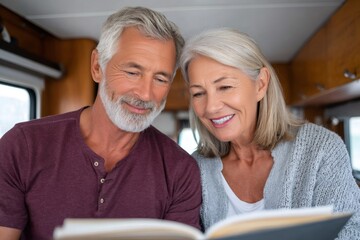 Senior couple enjoying reading book inside campervan