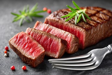 Grilled beef steak slices with rosemary and peppercorns