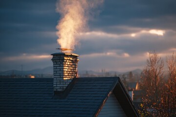 Brick chimney emitting smoke on a house rooftop with warm light from the setting sun