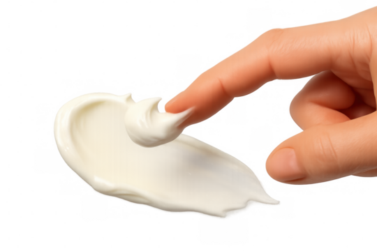 Hand smearing cosmetic cream texture, applying moisturizing lotion, beauty skincare product swatch on transparent background