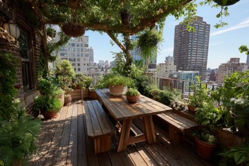 Fototapeta premium Green plants and wooden furniture creating a private outdoor space on a city terrace