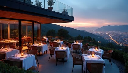 Elegant restaurant patio with tables set for dinner offers panoramic city view at dusk. Mountain landscape surrounds dining area with soft candle light creating romantic mood for patrons.