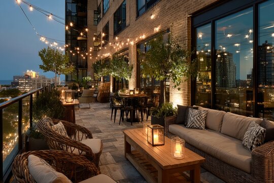 Rooftop patio featuring outdoor lounge furniture, illuminated string lights, and a city skyline background