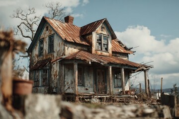 Derelict farmhouse standing in a rural landscape, illustrating ruin and forgotten architectural past