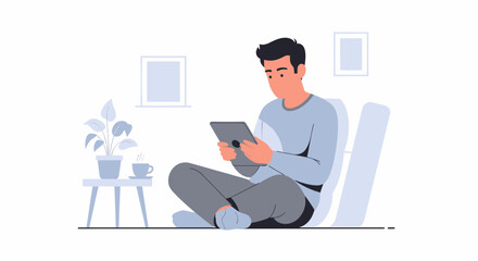 Relaxed Man Using Tablet At Home In Minimalist Flat Style Illustration