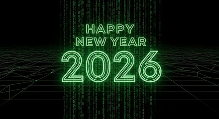 Happy New Year 2026 in a futuristic digital matrix style
