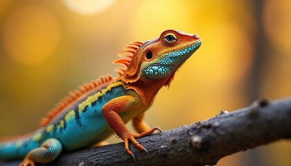 Fototapeta premium Close up of vibrantly colored lizard with orange, blue, yellow scales rests on dark tree branch. Reptile looks towards right with its detailed eye, textured skin against soft yellow bokeh background.