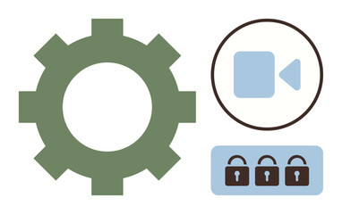 Large green gear with blue video icon inside a circle and three lockpads in a row, depicting security, privacy, video management, and system functions. Ideal for technology, safety, communication