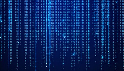 Blue digital rain of binary code cascading vertically, glowing and futuristic.