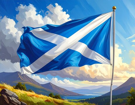 An artist's depiction of a flag waving in the wind, featuring a blue field and a white diagonal cross, set against a landscape