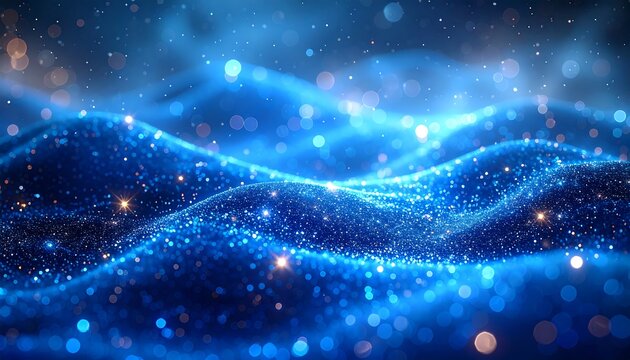 An abstract digital rendering shows a flowing, undulating landscape of luminous blue particles, accented by golden bokeh