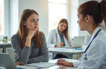Fototapeta premium Young woman patient listens intently to doctor explaining health diagnosis. Nurse in lab coat works on laptop in background. Medical consultation in clinic office.