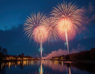 Bright fireworks explode in night sky over calm water reflection and town lights. Colorful pyrotechnics burst illuminating dark blue evening sky with fiery trails and glowing orbs.